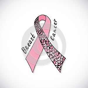 Breast Cancer with ornate pink ribbon with harts. Vector hand drawn illustration can be used for poster, banner design