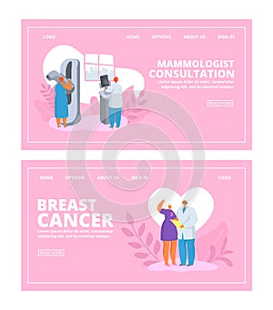 Breast cancer people awareness with female doctor checks up patient woman, mammological consultation banners set vector