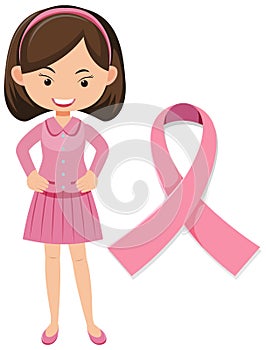 The breast cancer pink ribbon with woman character on white background