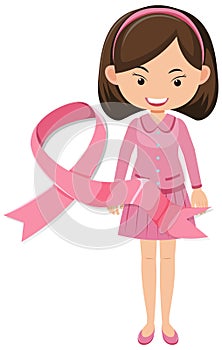 The breast cancer pink ribbon with woman character on white background