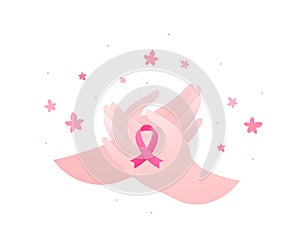 Breast cancer prevention concept. Vector flat illustration. Healthcare banner template. Pink ribbon sign on human hand.