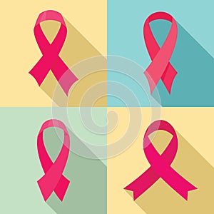 Breast cancer ribbon pink icons set, flat style