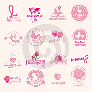 Breast cancer set of stickers. Pink ribbon, icon design.