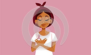 Breast Cancer Survivor Holding Pink Ribbon Symbol Vector Illustration