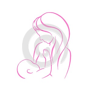 Breast feeding vector sign. Mother holding newborn baby in arms, abstract symbol of woman breastfeeding baby. Mother
