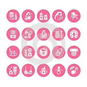 Breastfeeding, baby food vector flat glyph icons. Breast feeding elements - pump, woman, child, powdered milk, bottle