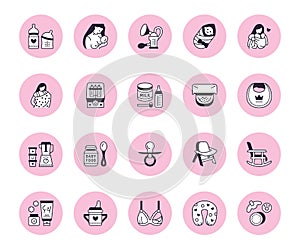 Breastfeeding, baby food vector flat line icons. Breast feeding elements - pump, mother, child, powdered milk, bottle