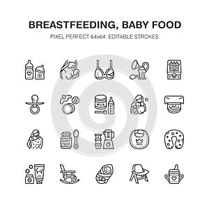 Breastfeeding, baby food vector flat line icons. Breast feeding elements - pump, woman, child, powdered milk, bottle