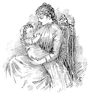 Breastfeeding the child on the mother`s breast.