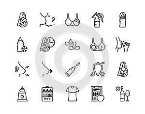 Breastfeeding flat line icon set. Vector illustration lactation. Included nipple shield, breast pads, newborn feeding