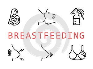Breastfeeding flat line icon set. Vector illustration lactation. Included nipple shield, nursing clothes, mastitis photo