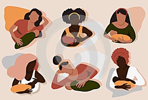 Breastfeeding illustration in mid century style.Young women different ethnicities with child. Lactation in various positions conce