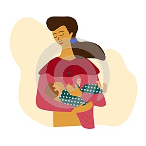 Breastfeeding and lactation concept. Young mother feeding a baby with breast. Happy mom holding a new born baby in hands.