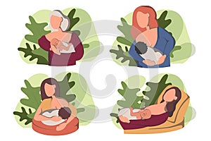 Breastfeeding position. Mother feeds baby with breast. Comfortable pose. Flat design illustration of breastfeeding
