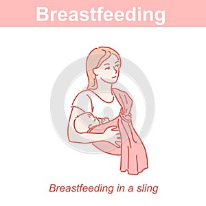 Breastfeeding in sling. Mother and ew baby together.