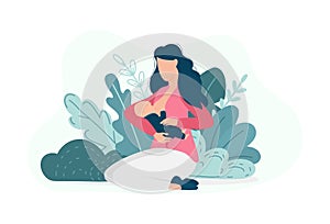 Breastfeeding woman with baby sitting in garden