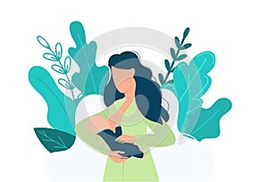 Breastfeeding woman with baby and tropical decor