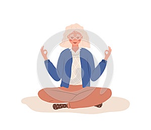 Breath awareness yoga exercise. Elderly woman practicing belly breathing for relaxation. Meditation for body, mind and