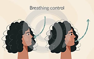 Breath exercise for woman wellbeing and calmness Deep breathing concept. Inhale and exhale, breath awareness exercise