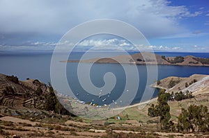 Breath taking view of a beach on the Isla Del Sol on Lake Titicaca photo