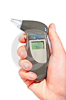 Breathalyzer in female hand showing drunkenness