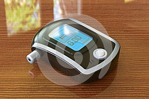 Breathalyzer, portable breath alcohol tester on the wooden table, 3D rendering