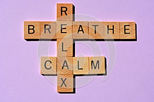 Breathe, Calm, Relax, crossword on purple