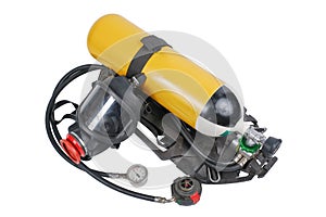 Breathing Air Cylinder Assembly and Full Facepiece Respirator for firefighters isolated