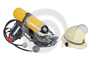 Breathing Air Cylinder Assembly, Full Facepiece Respirator and helmet for firefighters isolated