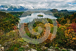 Breathtaking aerial panoramic view of Lake Bled, Slovenia, Europe(Osojnica)
