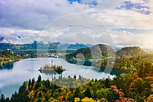 Breathtaking aerial panoramic view of Lake Bled, Slovenia, Europe (Osojnica)