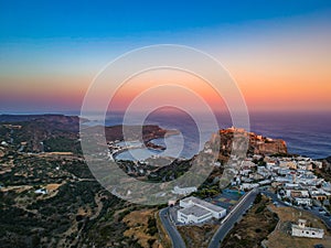 Breathtaking aerial panoramic view over Chora, Kythera by the Castle at sunset. Majestic scenery over Kythera island in Greece,