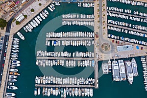 Breathtaking Aerial Perspective of the Mediterranean Sea Harbor, Overflowing with Magnificent Luxury Yachts at the Bustling Marina