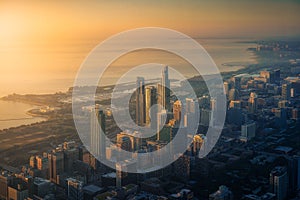 Breathtaking aerial shot of Chicago city and the lake Michigan during golden sunset