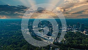 A breathtaking aerial shot of the sky scrapers and office buildings in the cityscape of Brookhaven