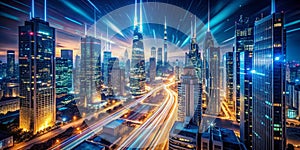 A breathtaking aerial view of a futuristic city illuminated by digital light trails forming intricate binary code photo