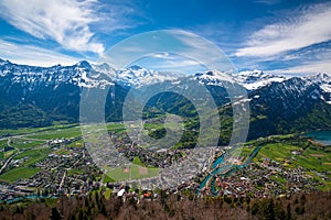 Breathtaking aerial view over Interlaken and Swiss Alps from Harder Kulm View point, Switzerland