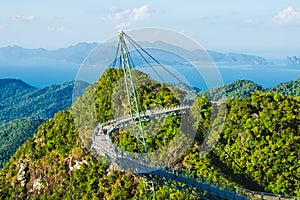 Breathtaking aerial view with Sky bridge, symbol Langkawi, Malaysia. Adventure holiday. Modern technology. Tourist attraction.