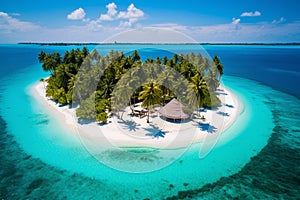 Breathtaking Aerial View of a Tropical Island, Where Turquoise Waters Meet White Sands and Lush Palm Trees. Ai generated