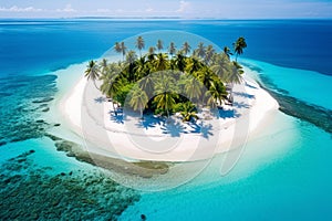 Breathtaking Aerial View of a Tropical Island, Where Turquoise Waters Meet White Sands and Lush Palm Trees. Ai generated