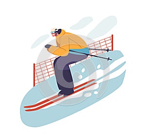 In A Breathtaking Alpine Landscape, A Proficient Skier Character Tackles A Rigorous Mountain Slalom, Vector Illustration