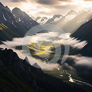 Snow capped peaks creating a dramatic backdrop. A winding river