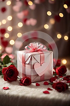 Breathtaking, amazing romantic surprise, greeting card. Gift box with ribbon and bow on bokeh background with red roses.