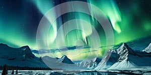 Breathtaking Aurora Borealis Display Over Snow Covered Mountains in a Pristine Arctic Wilderness Under a Starry Sky