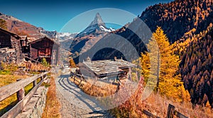 Breathtaking autumn view of Zermatt village with Matterhorn Monte Cervino, Mont Cervin peak on backgroud.