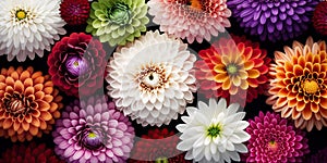 A breathtaking backdrop of chrysanthemum flowers in vibrant shades of red, orange, pink, purple, green, and white, Generative AI