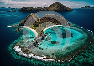 breathtaking beauty of the Banda Islands within the Moluccas archipelago in Indonesia. The scene unfolds with Pulau Gunung Api, a