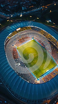 A breathtaking bird's-eye view of a colossal sports stadium, filled to the brim with a roaring crowd under luminous