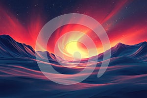 Fiery Sunset over Alien Desert Landscape, Dramatic 3D Render