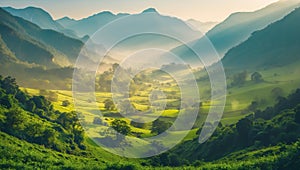 Cinematic landscape of tranquil valley with foggy depth, majestic peaks, and immersive natural beauty photo